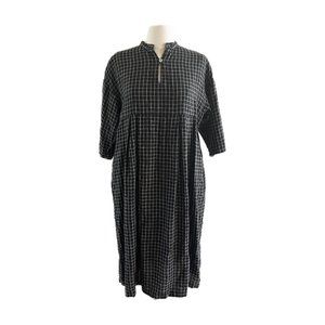 Fog Linen Work Black Lagenlook Windowpane Plaid Linen Dress Sz S/M